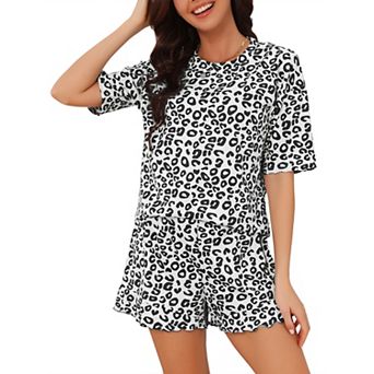 Women's Pajama Set Short Sleeves Ruffle Round Neck Ruffled Hem Loungewear Shirt and Shorts 2 pc