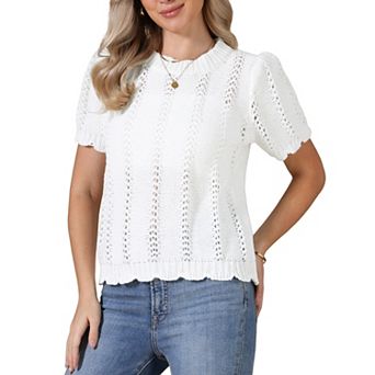 Crochet Knit Top for Women Short Sleeve Crew Neck Eyelet Embroidery Summer T-Shirt Beach Clothes