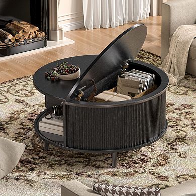 Mid-Century Modern Round Coffee Table with Storage, Adjustable Feet, Easy Assembly