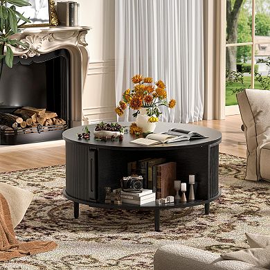 Mid-Century Modern Round Coffee Table with Storage, Adjustable Feet, Easy Assembly