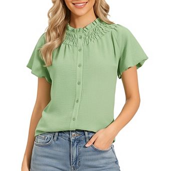 Ruched Short Sleeve Top for Women's Button Up Casual Summer Top