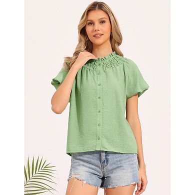 Ruched Short Sleeve Top for Women's Button Up Casual Summer Top