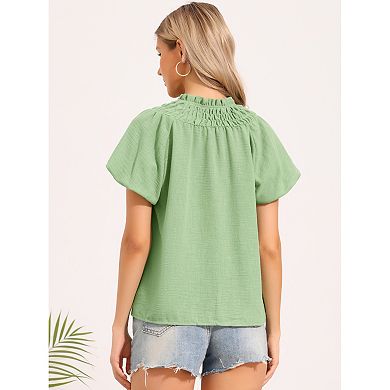 Ruched Short Sleeve Top for Women's Button Up Casual Summer Top