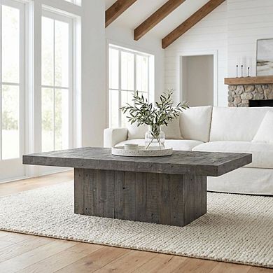 Gray Coffee Table with Pine and Iron Frame Durable Single Piece Design