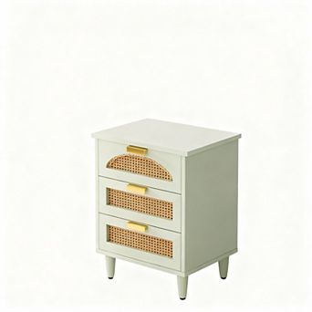 Woven rattan bedside table with three drawers, suitable for bedrooms and living rooms.