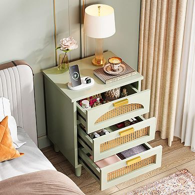 Woven rattan bedside table with three drawers, suitable for bedrooms and living rooms.