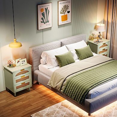 Woven rattan bedside table with three drawers, suitable for bedrooms and living rooms.