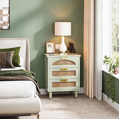 Woven rattan bedside table with three drawers, suitable for bedrooms and living rooms.