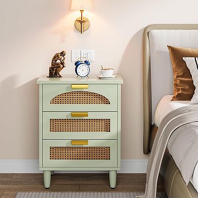 Woven rattan bedside table with three drawers, suitable for bedrooms and living rooms.