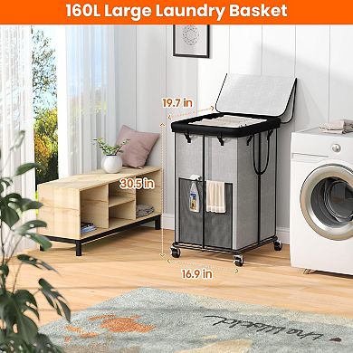 Large 160L Laundry Hamper with Wheels, Detachable Lid, Metal Frame, Removable Oxford Fabric Bag