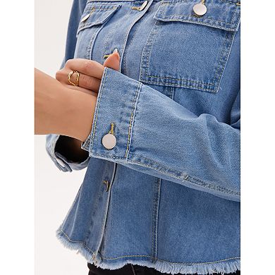 Women's Denim Shirt Jacket Long Sleeve Frayed Hem Button Down Jean Jacket