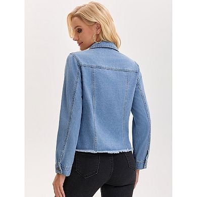 Women's Denim Shirt Jacket Long Sleeve Frayed Hem Button Down Jean Jacket