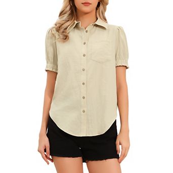Short Sleeve Button Down Shirts for Women Summer Collared V Neck Puffy Sleeve Dressy Casual Blouses