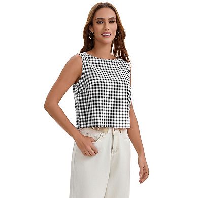 Womens Gingham Top Summer Cropped Tank Tops Button Back Casual Sleeveless Shirts Blouses
