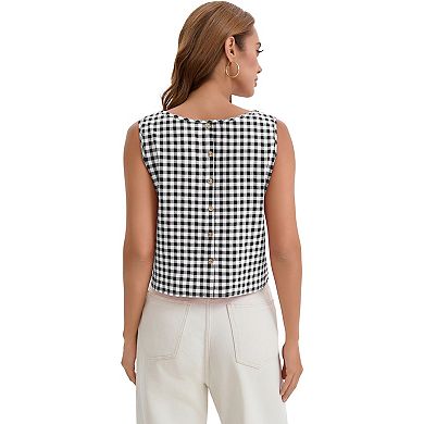 Womens Gingham Top Summer Cropped Tank Tops Button Back Casual Sleeveless Shirts Blouses