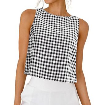 Womens Gingham Top Summer Cropped Tank Tops Button Back Casual Sleeveless Shirts Blouses
