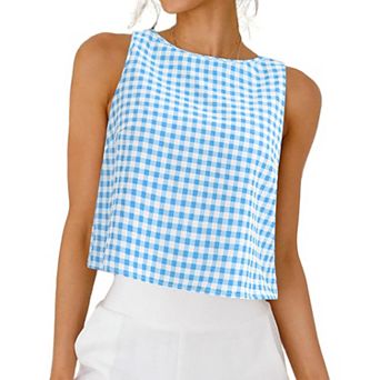 Womens Gingham Top Summer Cropped Tank Tops Button Back Casual Sleeveless Shirts Blouses