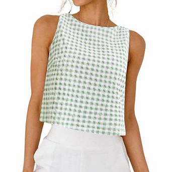 Womens Gingham Top Summer Cropped Tank Tops Button Back Casual Sleeveless Shirts Blouses