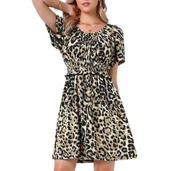 Leopard Print Dress for Women Short Sleeve Square Neck Elastic Waist Summer Casual Dresses