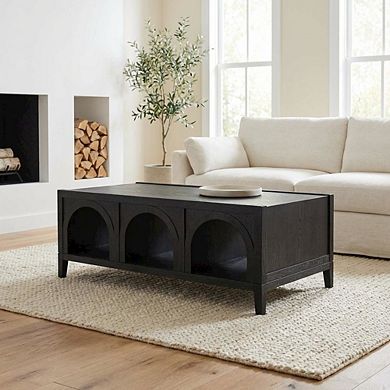 Black Coffee Table with Rubberwood Top and Iron Frame Sturdy Design