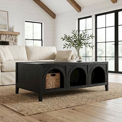 Black Coffee Table with Rubberwood Top and Iron Frame Sturdy Design