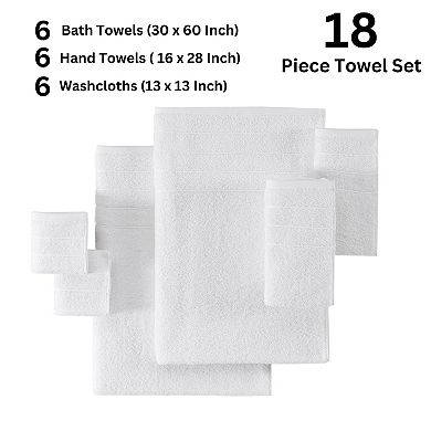 Soft, Absorbent 18-Piece Cotton Bath Towel Set - 6 Bath, 6 Hand, 6 Washcloths