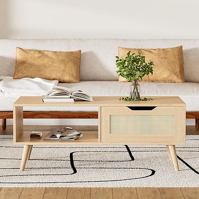 Medieval modern-style rattan coffee table and side table with drawers and shelves