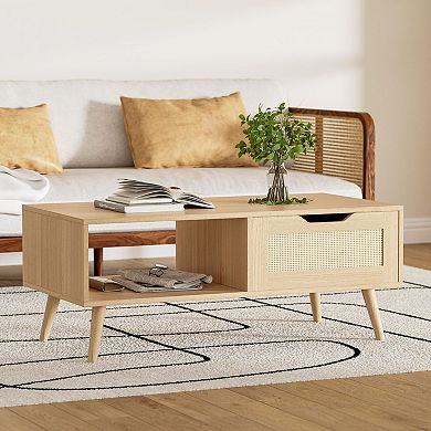 Medieval modern-style rattan coffee table and side table with drawers and shelves