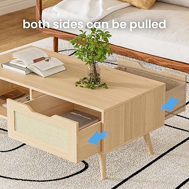 Medieval modern-style rattan coffee table and side table with drawers and shelves