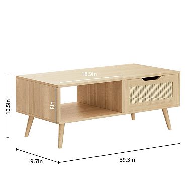 Medieval modern-style rattan coffee table and side table with drawers and shelves