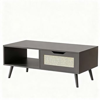 Medieval modern-style rattan coffee table and side table with drawers and shelves