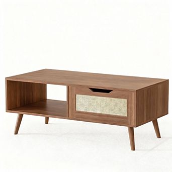 Medieval modern-style rattan coffee table and side table with drawers and shelves