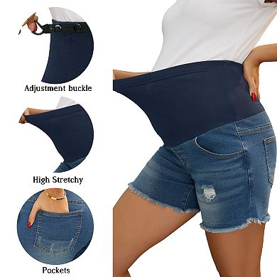 Women's Maternity Denim Shorts Over Belly High Stretchy Summer with Pockets Jeans Pregnancy