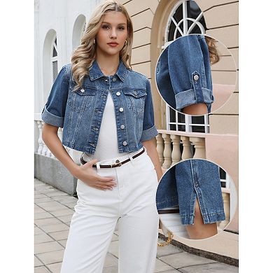Womens Denim Jacket Casual Collared Button Down 3/4 Sleeve Crop Jean Jacket Coats
