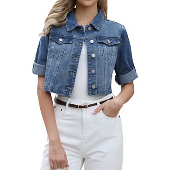 Womens Denim Jacket Casual Collared Button Down 3/4 Sleeve Crop Jean Jacket Coats