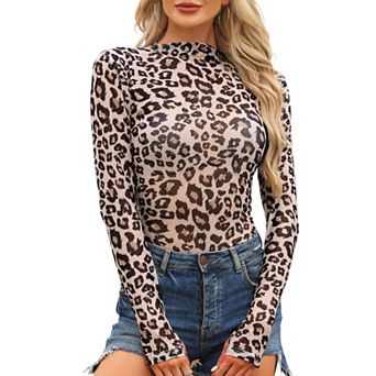 Women's Mesh Tops Leopard Print Long Sleeve Mock Neck Fitted Shirts See Through Sheer Blouses