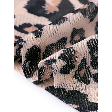 Women's Mesh Tops Leopard Print Long Sleeve Mock Neck Fitted Shirts See Through Sheer Blouses