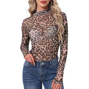 Women's Mesh Tops Leopard Print Long Sleeve Mock Neck Fitted Shirts See Through Sheer Blouses