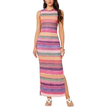 Summer Boho Maxi Dress for Women Striped Crew Neck Split Cocktail Party Club Bodycon Tank Dress