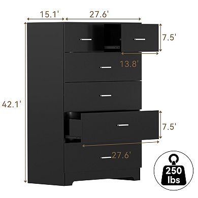 Six-drawer wooden bedroom with a charging station, bedside table, and wardrobe