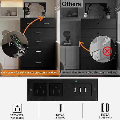 Six-drawer wooden bedroom with a charging station, bedside table, and wardrobe