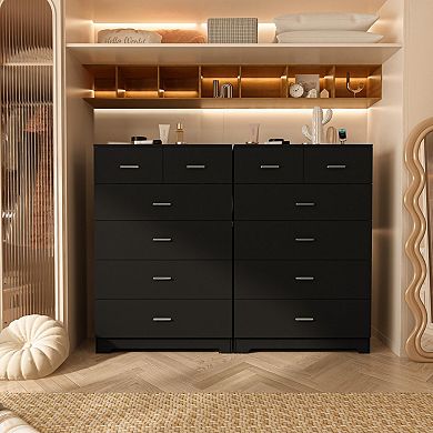 Six-drawer wooden bedroom with a charging station, bedside table, and wardrobe