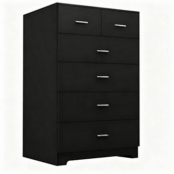 Six-drawer wooden bedroom with a charging station, bedside table, and wardrobe