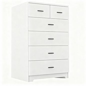 Six-drawer wooden bedroom with a charging station, bedside table, and wardrobe