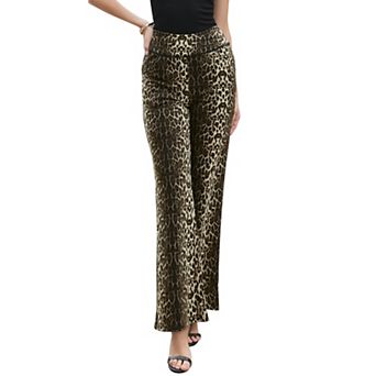 Leopard Print Pants for Women Elastic High Waist Casual Loose Wide Leg Trousers Pant with Pockets