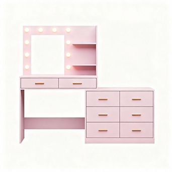 Makeup Vanity Desk with 3 Lighting Modes, 8 Drawers, 2 Shelves, & Mirror