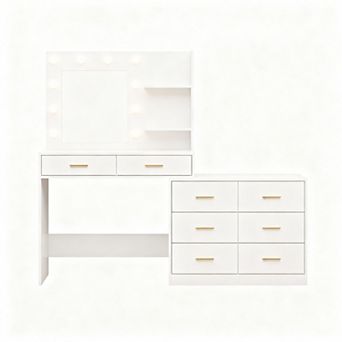 Makeup Vanity Desk with 3 Lighting Modes, 8 Drawers, 2 Shelves, & Mirror