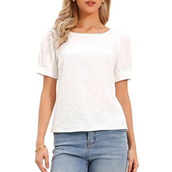 Puffy Short Sleeve Top for Women Round Neck Spring Summer Textured Casual T-Shirt Tops