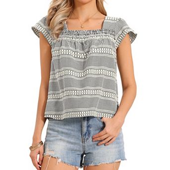 Gingham Top for Women Casual Square Neck Cap Sleeve Peasant Summer Blouse Top