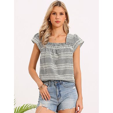 Gingham Top for Women Casual Square Neck Cap Sleeve Peasant Summer Blouse Top